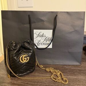 Gucci Marmont Black Quilted Leather Bucket Bag with Gold Chain
